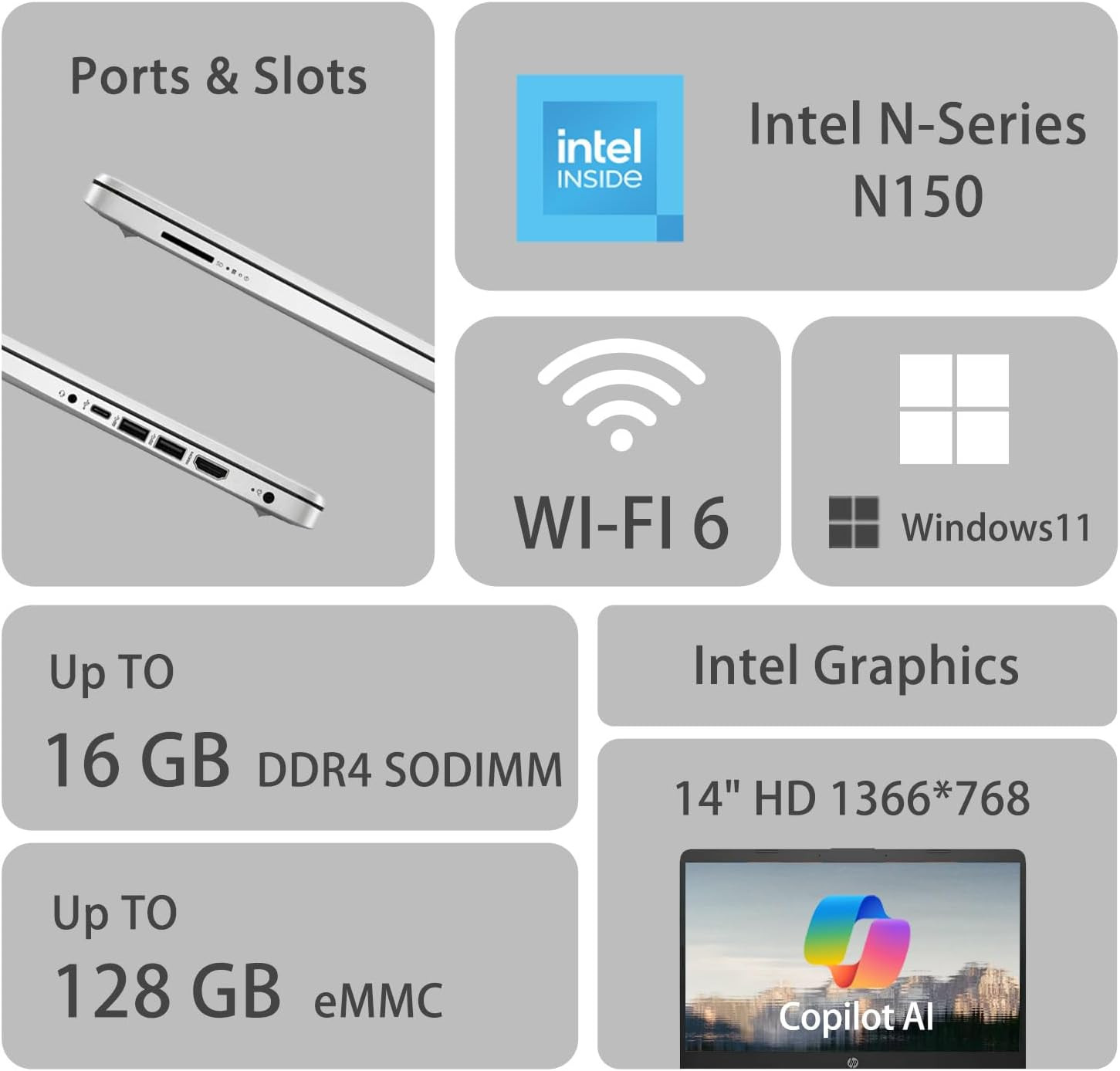 14″ Laptop W/Office 365, Copilot AI, Intel 4-Core CPU, 16GB RAM, 128GB Emmc, SD