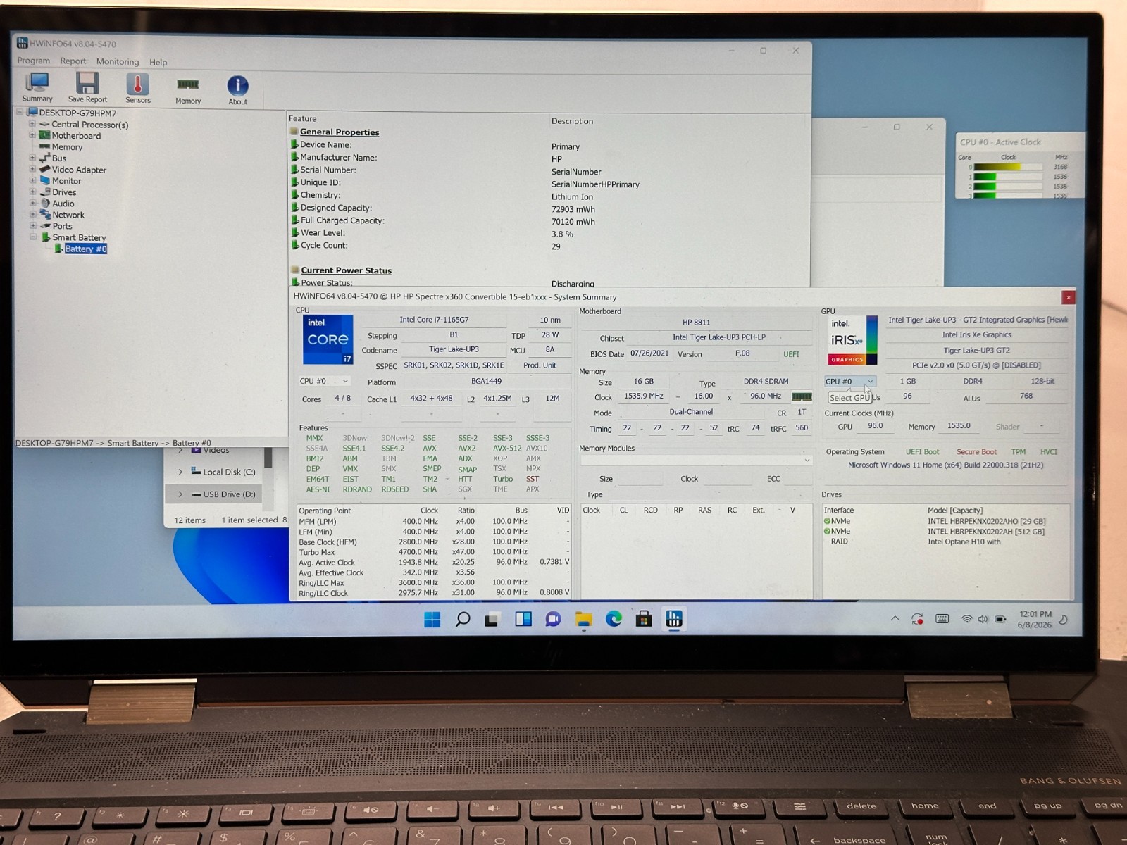 HP Spectre x360 15-eb1xxx i7-1164G7 16GB RAM 512GB SSD Win11 NO AC #04