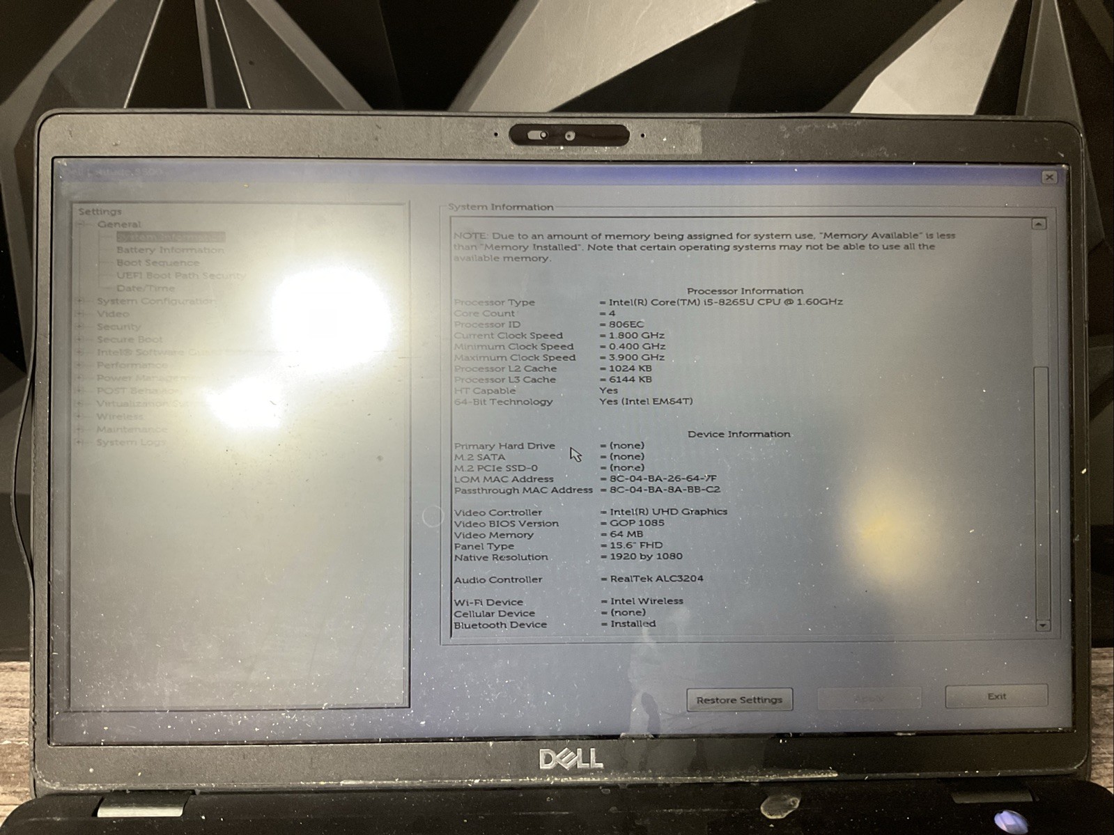 Dell Latitude 5500 / Intel Core i5 8th Gen / BIOS Unlocked / Parts Repair / J6