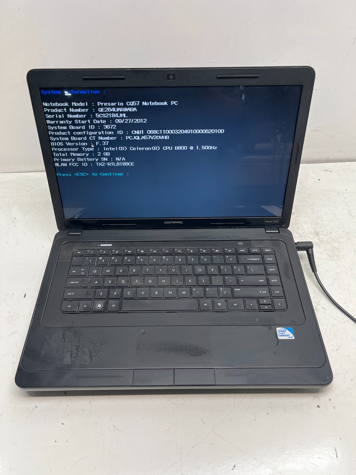 Compaq Presario CQ57 PC Intel Celeron B800 1.50GHz 2GB NO HDD