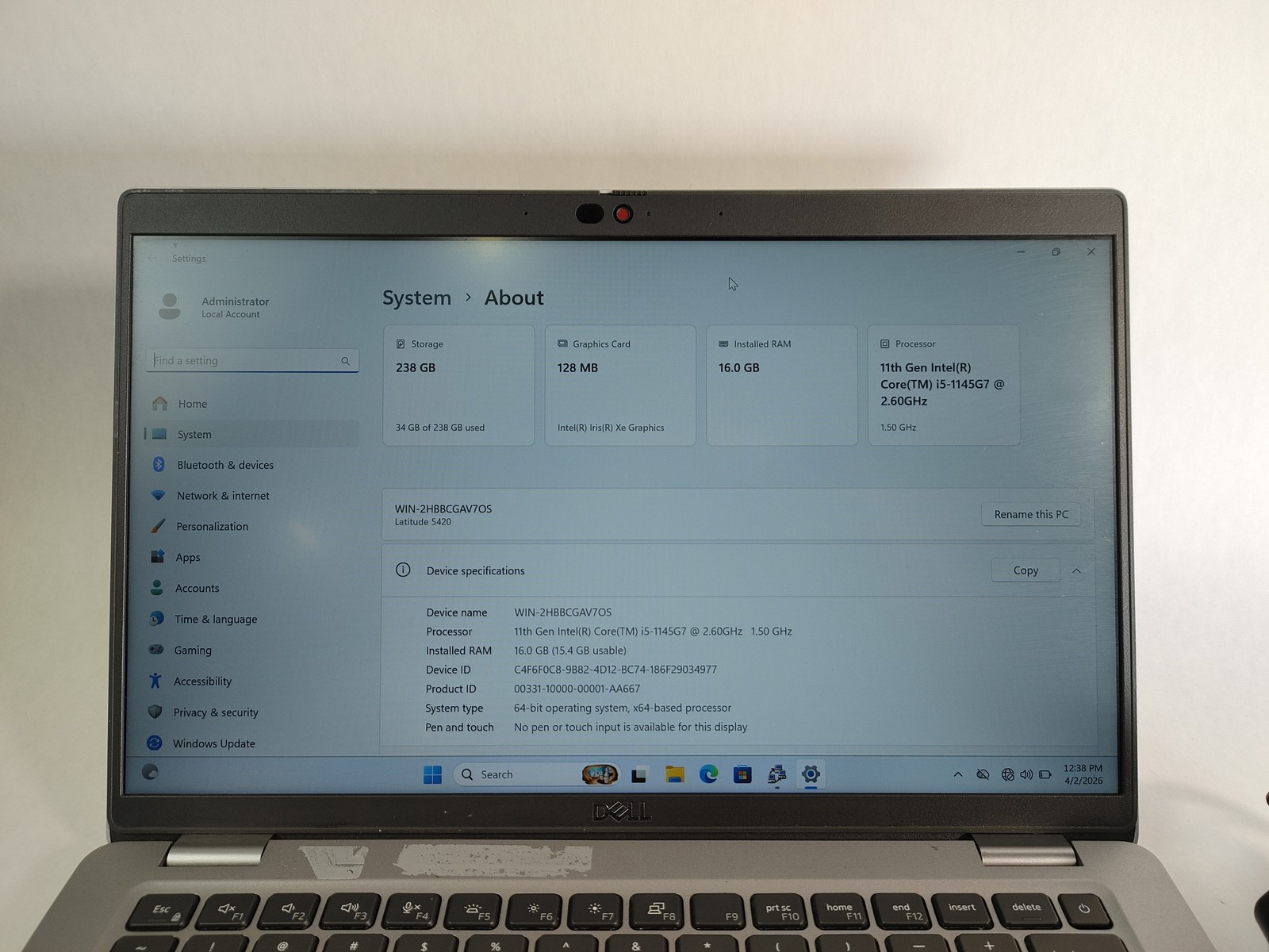 Dell Latitude 5420 Core i5-1145G7 2.60 GHz 16 GB DDR4 256 GB NVMe Windows 11 Pro