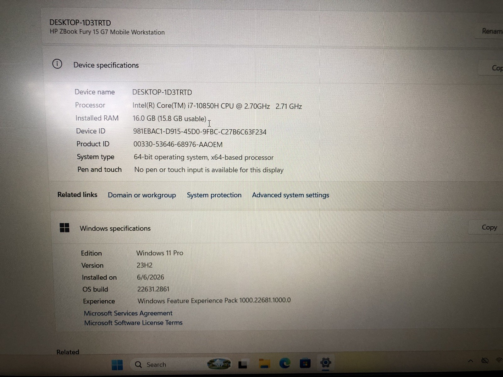 HP ZBook Fury 15 G7 i7 10th Gen 16GB 512GB SSD Quadro T1000 4GB Workstation