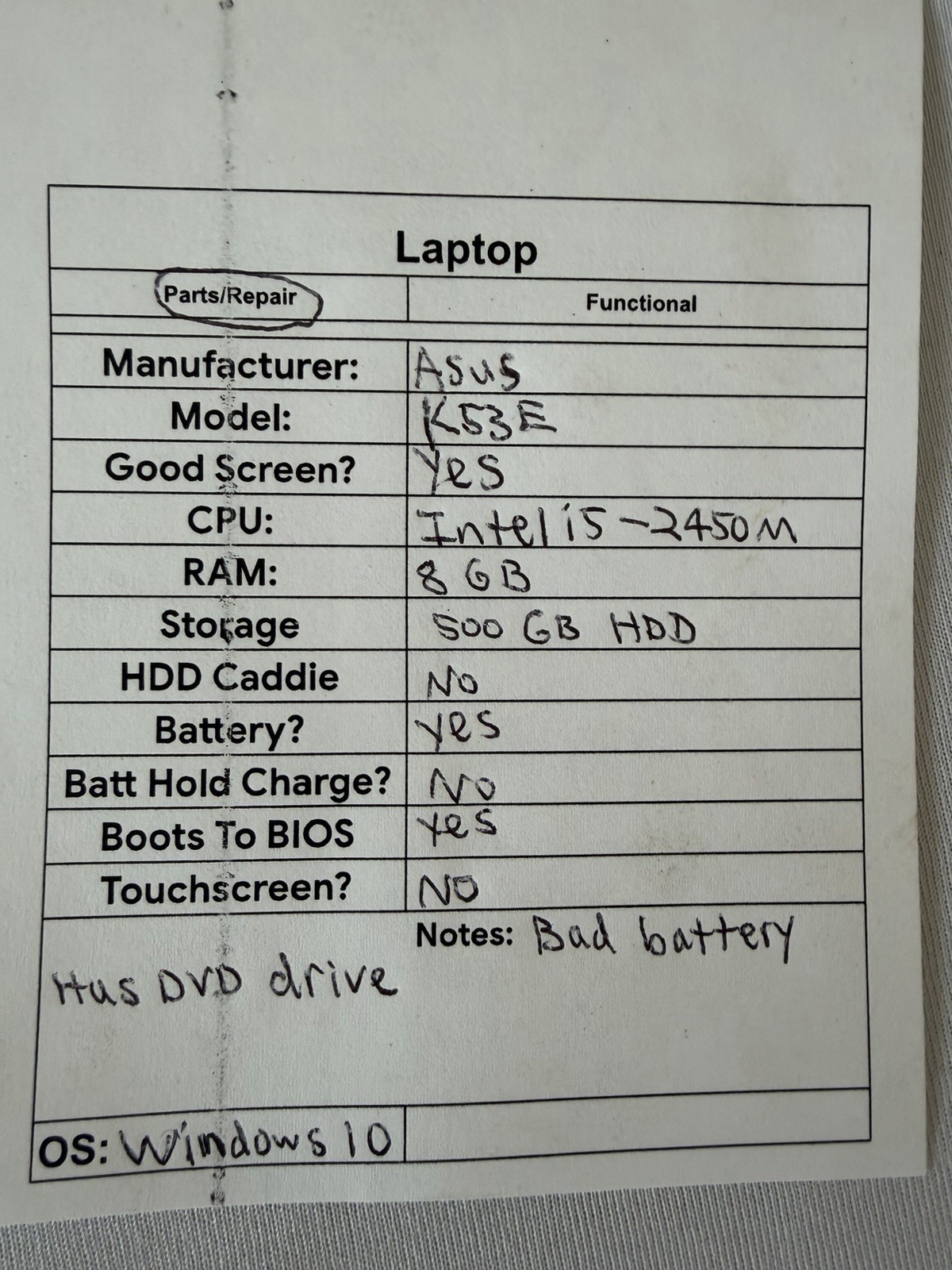 Asus K53E Laptop – Good Screen – Intel i5-2450M – Read Des