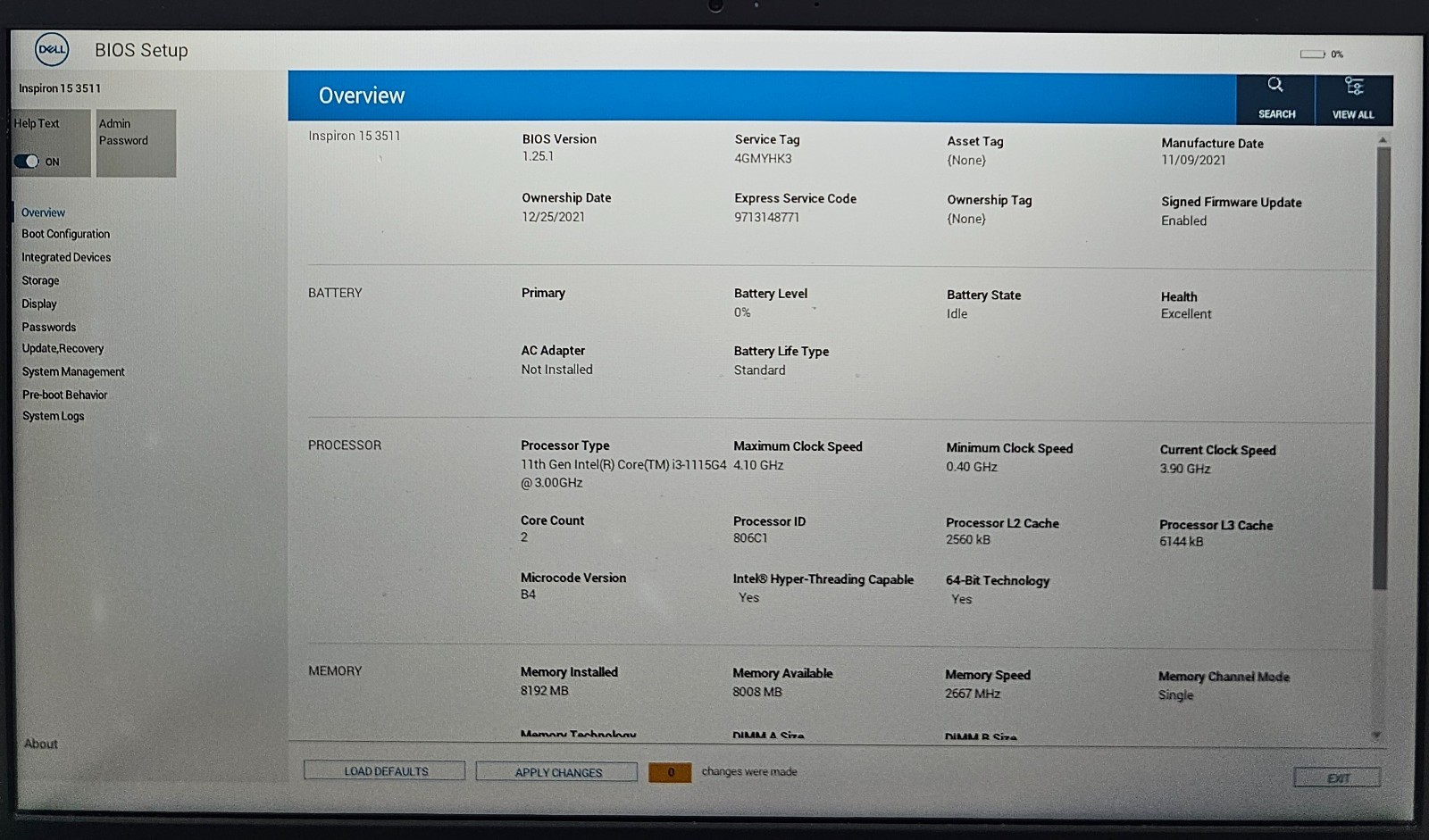 Dell Inspiron 15 3511 15.6″ Laptop Intel Core i3-1115G4 8GB Ram NO HD/OS (FL)