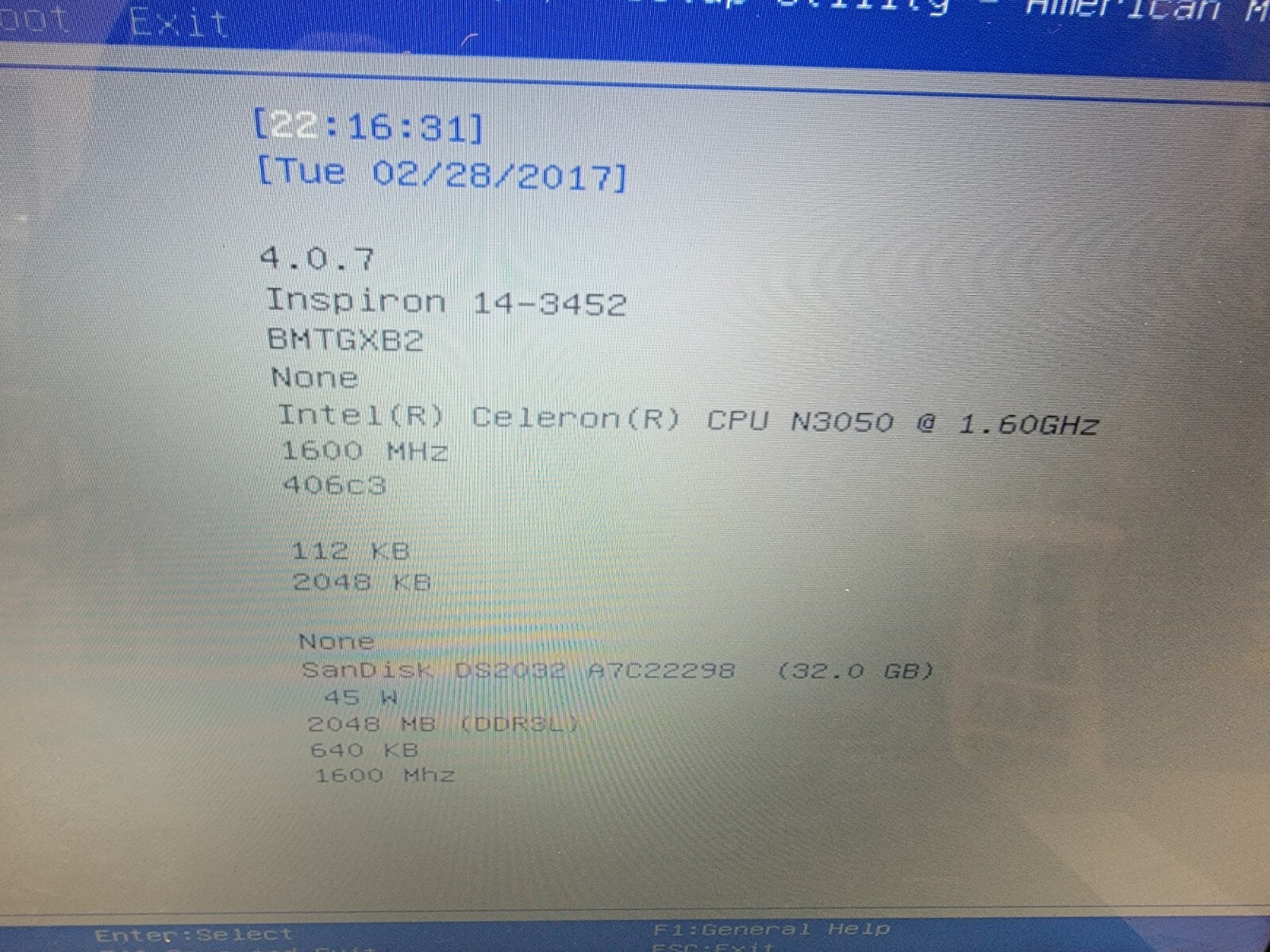 Dell Inspiron 14-3452 Intel® Celeron® N3050 CPU @ 1.60GHz. 2GB 32GB ECC