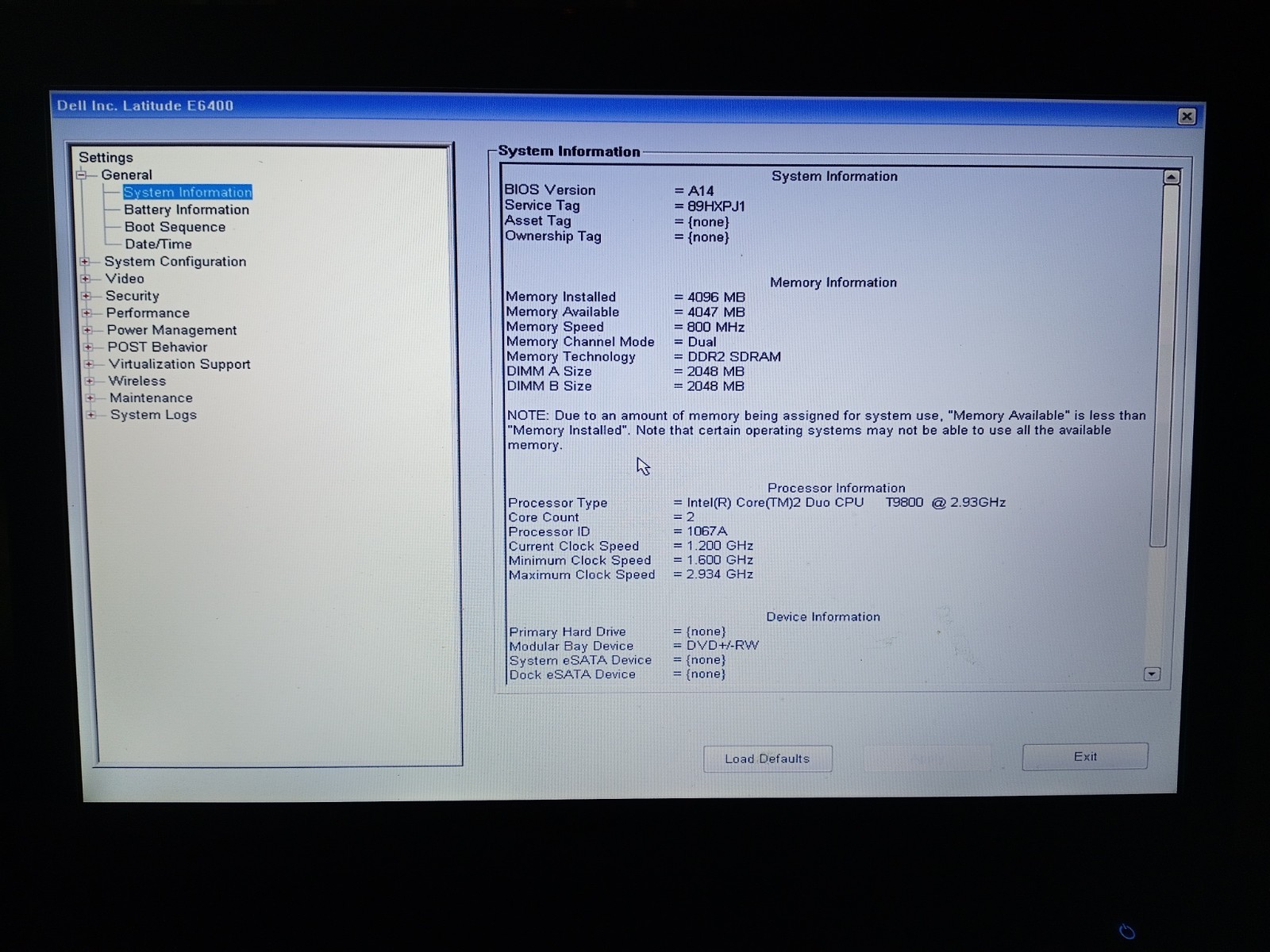 Dell Latitude E6400 14″ Laptop Intel Core 2 Duo T9800 2.93Ghz 4GB RAM NO HD/OS