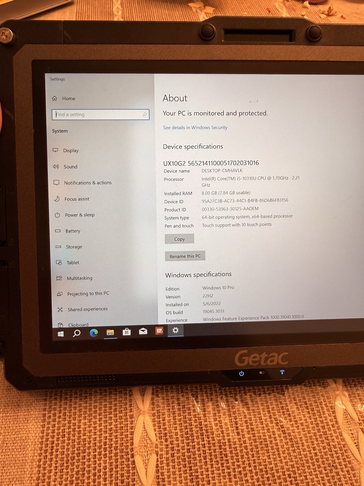 Getac UX10 G2 Rugged Tablet 10.1″ i5-10310U 1.70GHz 512GB 8GB Win10 Pro