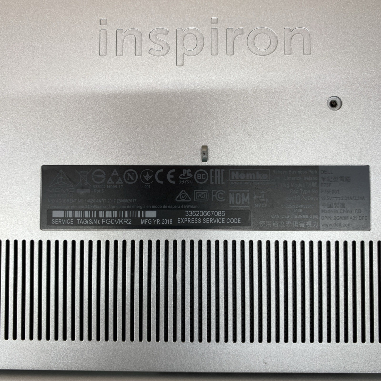 DELL INSPIRON 5570 INTEL CORE i5-8250U@3.2GHz, No SSD, No OS