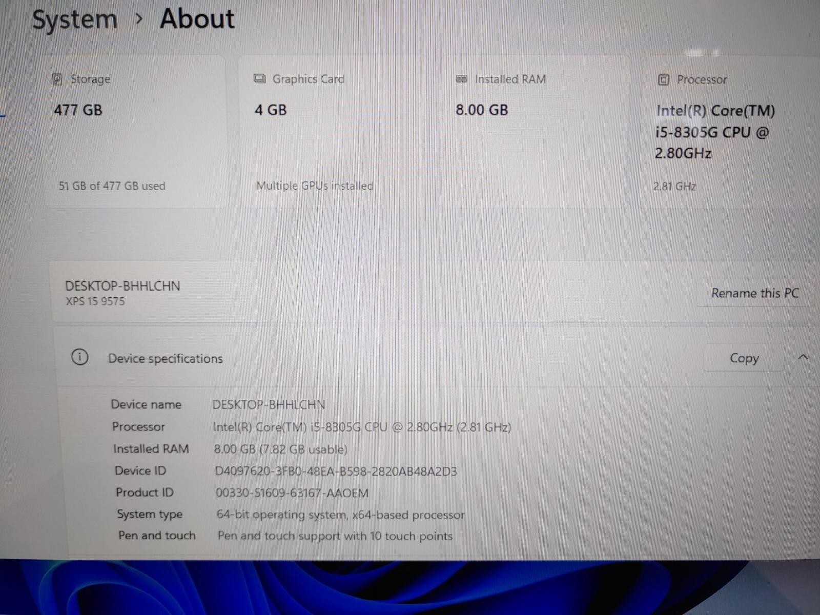 Dell XPS 15 9575 15.6″ Touch i5-8305G✔8GB✔512GB SSD✔Win11Pro✔*NO BATT/NO AC*READ