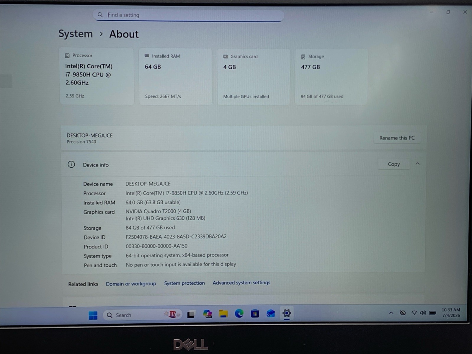 Dell Precision 7540 Core i7-9850H 2.6GHz 64GB RAM 512GB SSD W11P Nvidia T2000