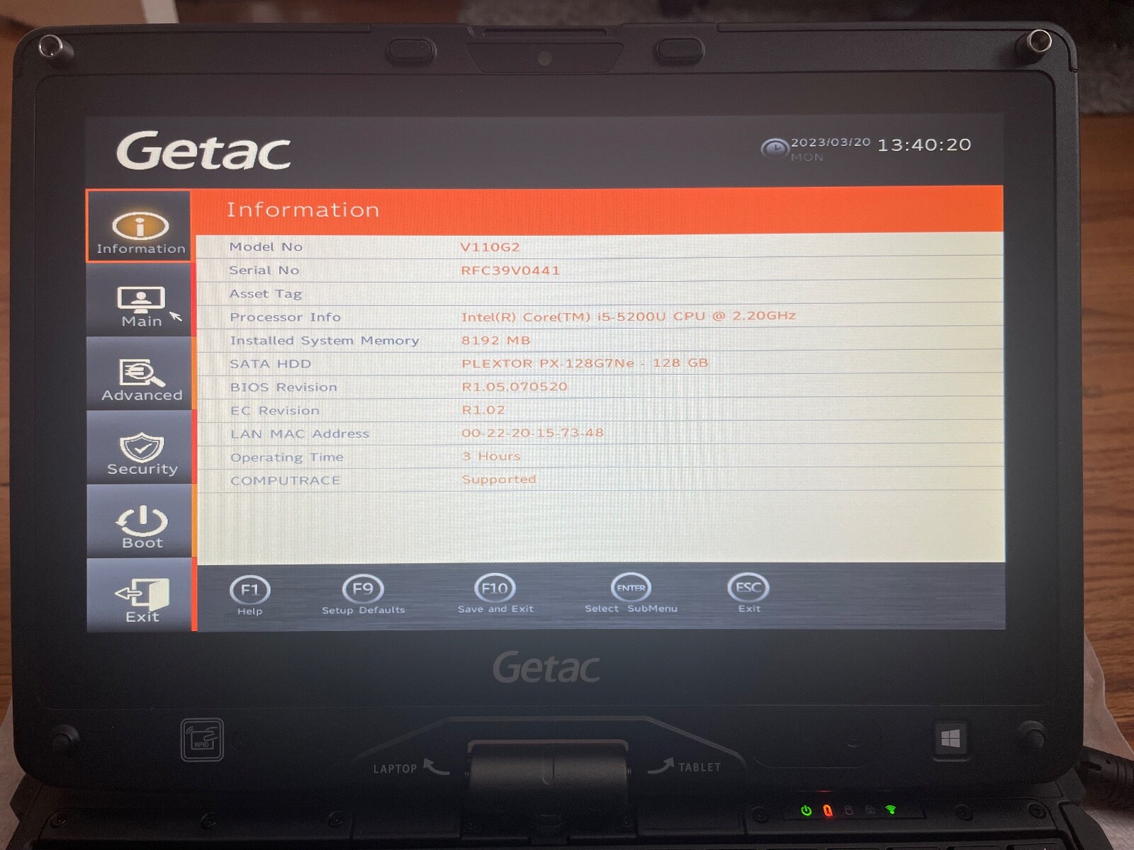 Getac v110 Intel Core i5-5200U 8GB RAM 128GB SSD ( LOW operating of 3-4 Hours!)