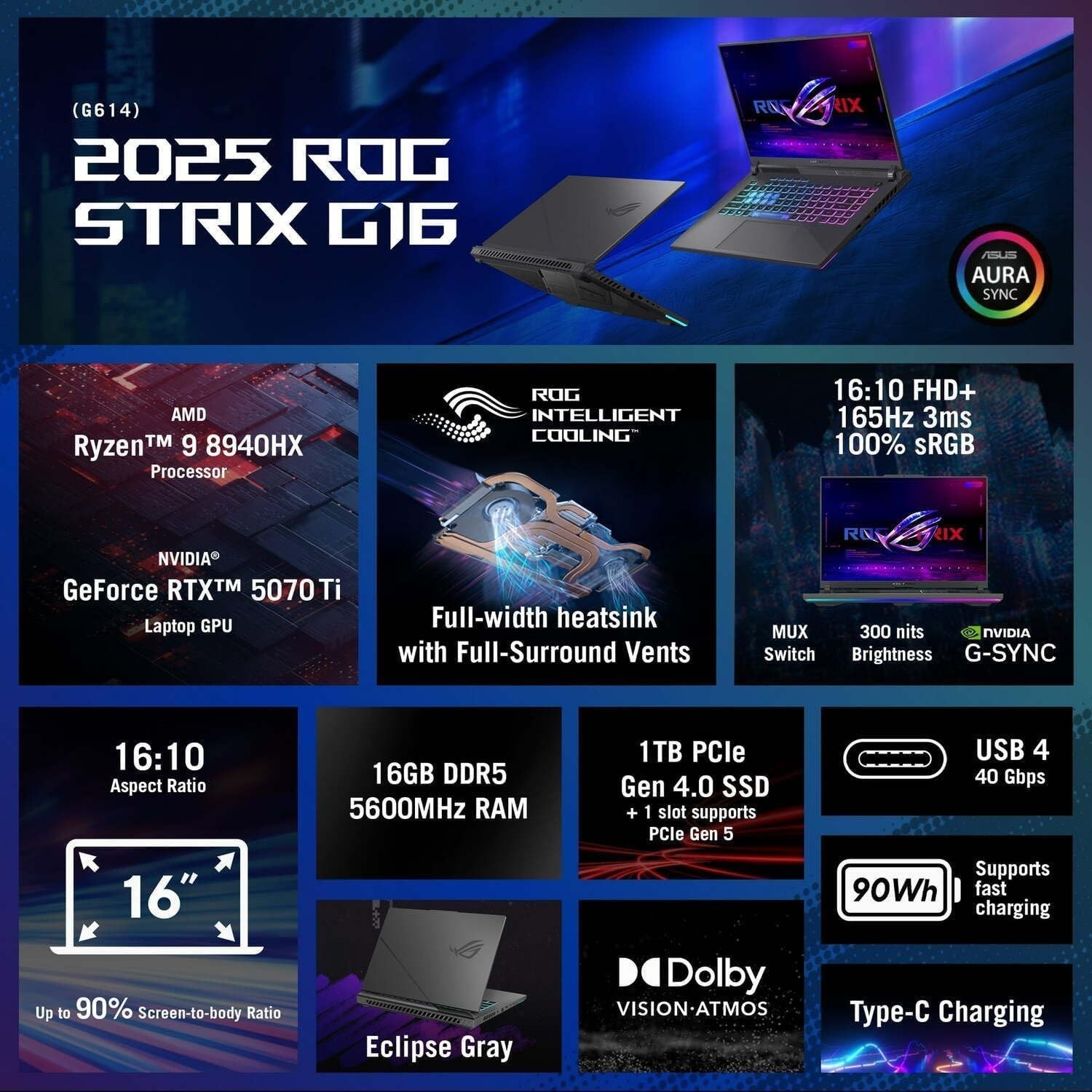 NEW Asus ROG Strix G16 16″ FHD 165Hz NVIDIA RTX 5070Ti 12GB GRA Ryzen 9 8940H