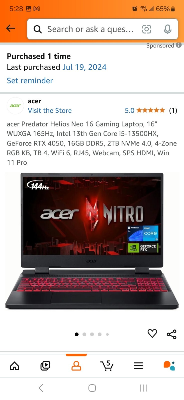 Acer Predator Helios Neo 16 Gaming Laptop With Case. Used Only For 4 Month
