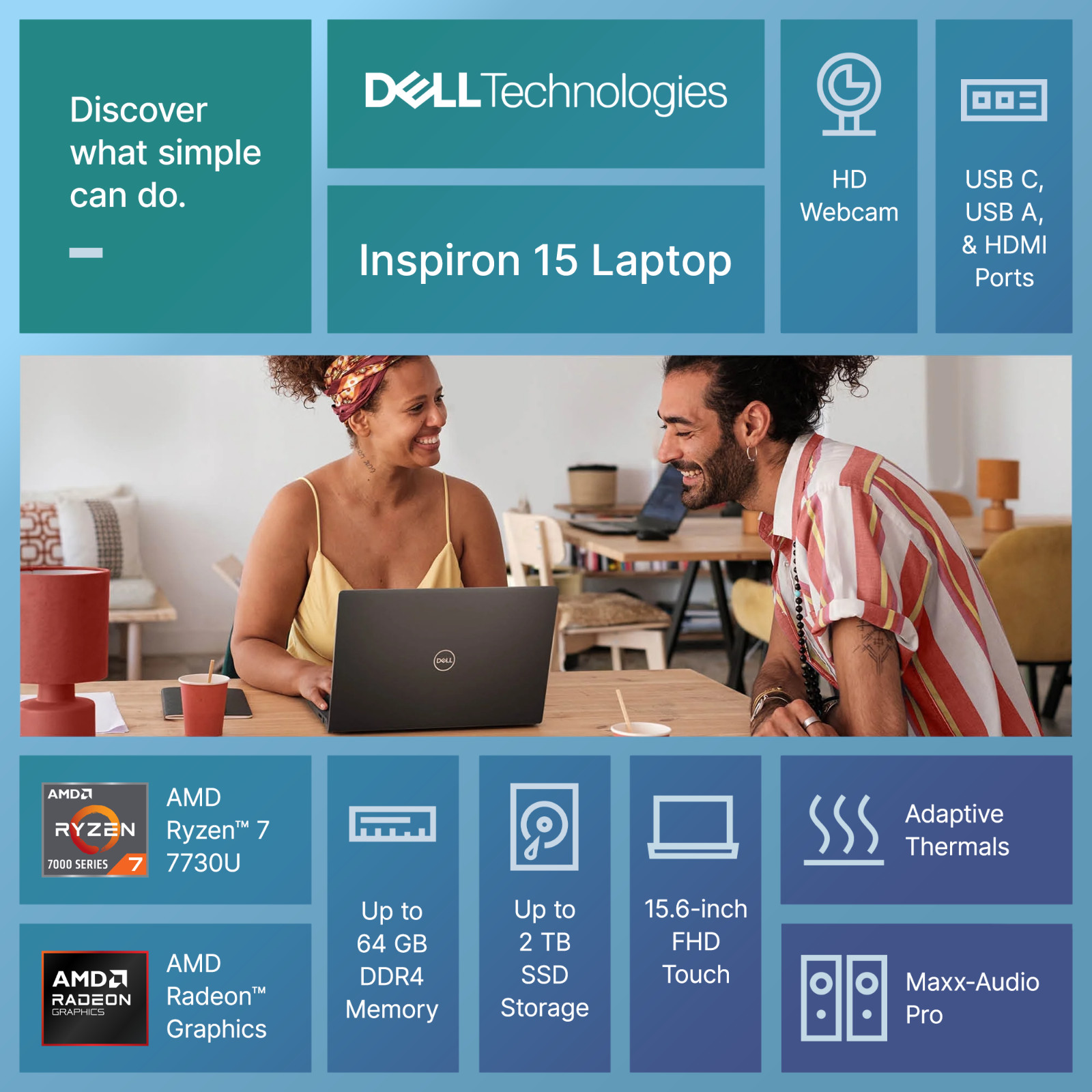 2026 Dell Inspiron 15 Laptop FHD Touch Ryzen 7 Up to 64GB RAM 2TB SSD Office Pro