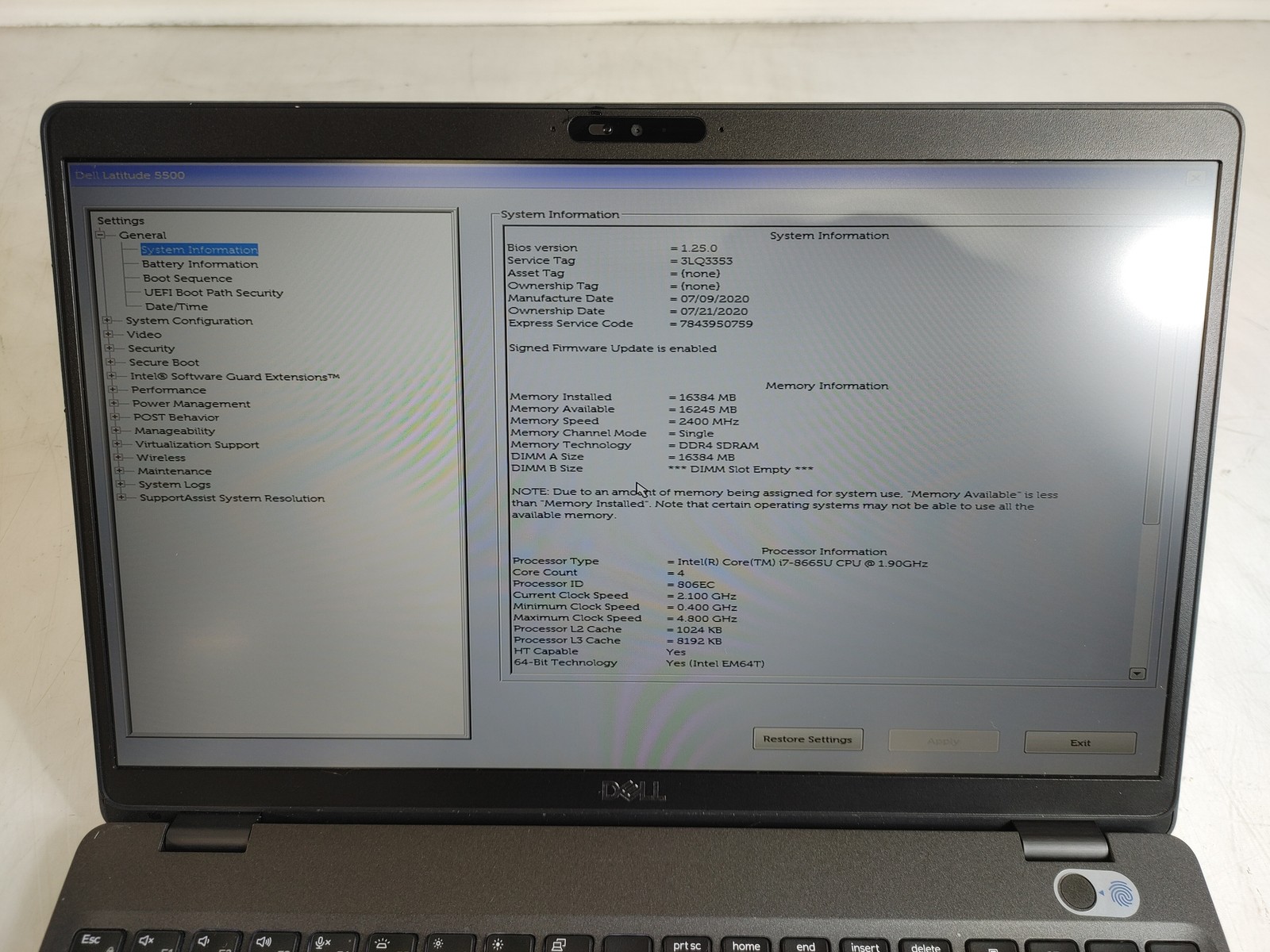 Dell Latitude 5500 Core i7-8665U 1.90 GHz 16 GB DDR4 No HDD