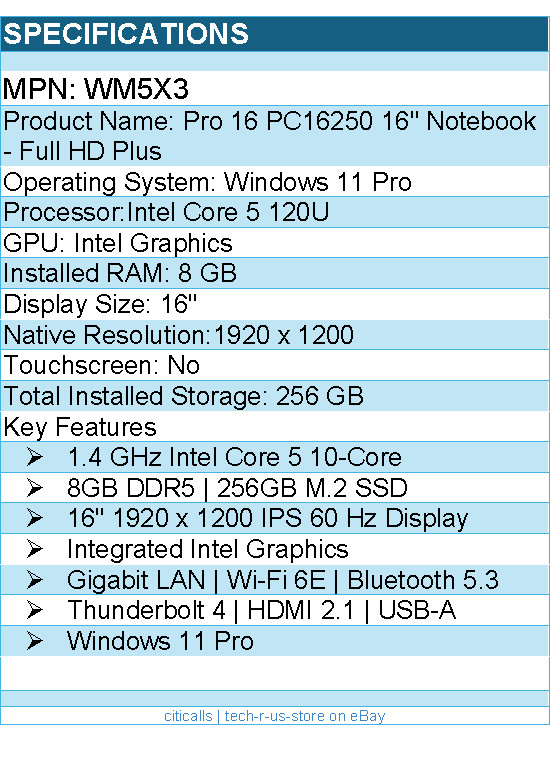 Dell WM5X3 Pro 16 PC16250 16″ Notebook – Full HD Plus – 60 Hz – Intel Core 5