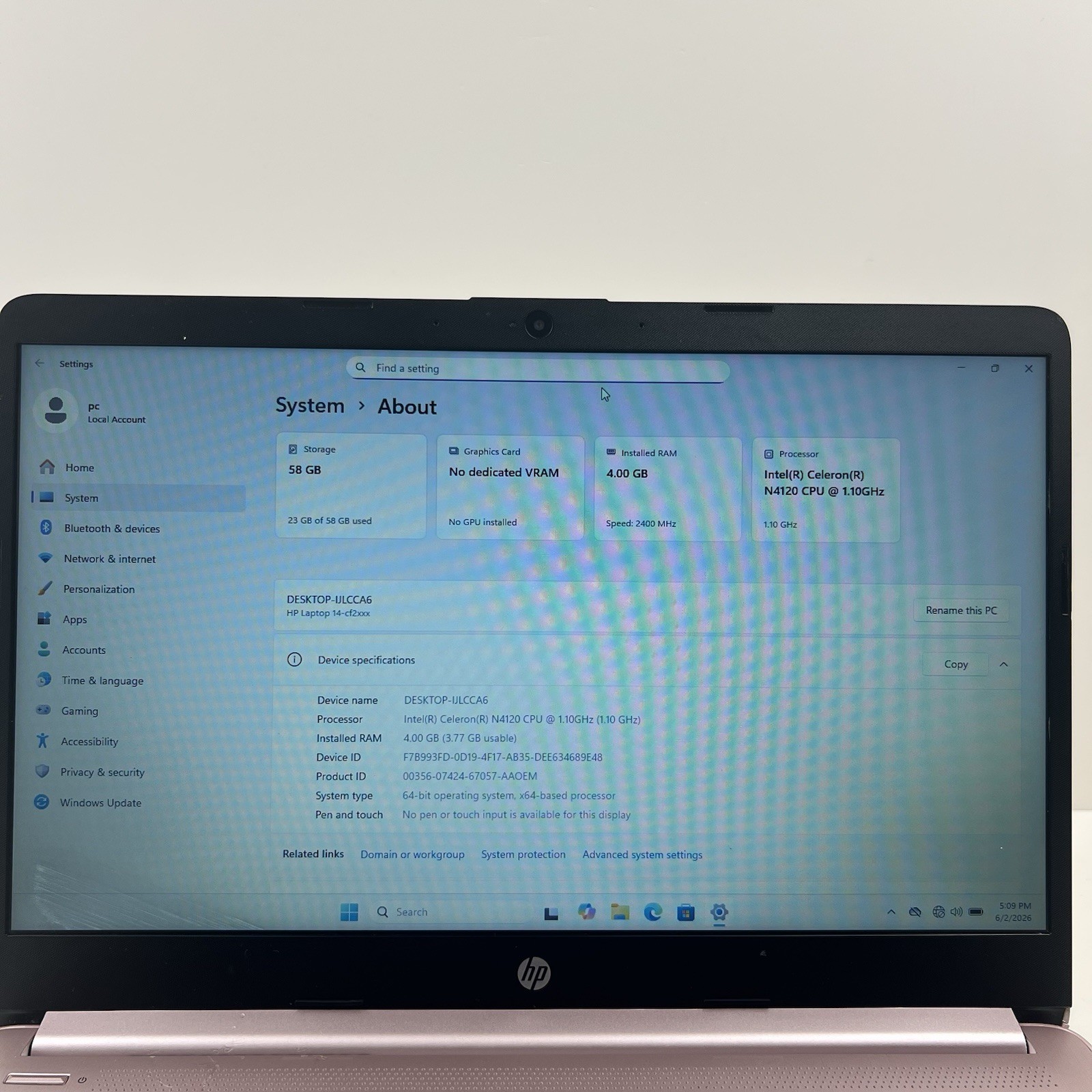 HP 14-cf2112wm 14″ Intel Celeron N4120 1.1GHz 4GB RAM 64GB eMMC Win 11 w/Charger