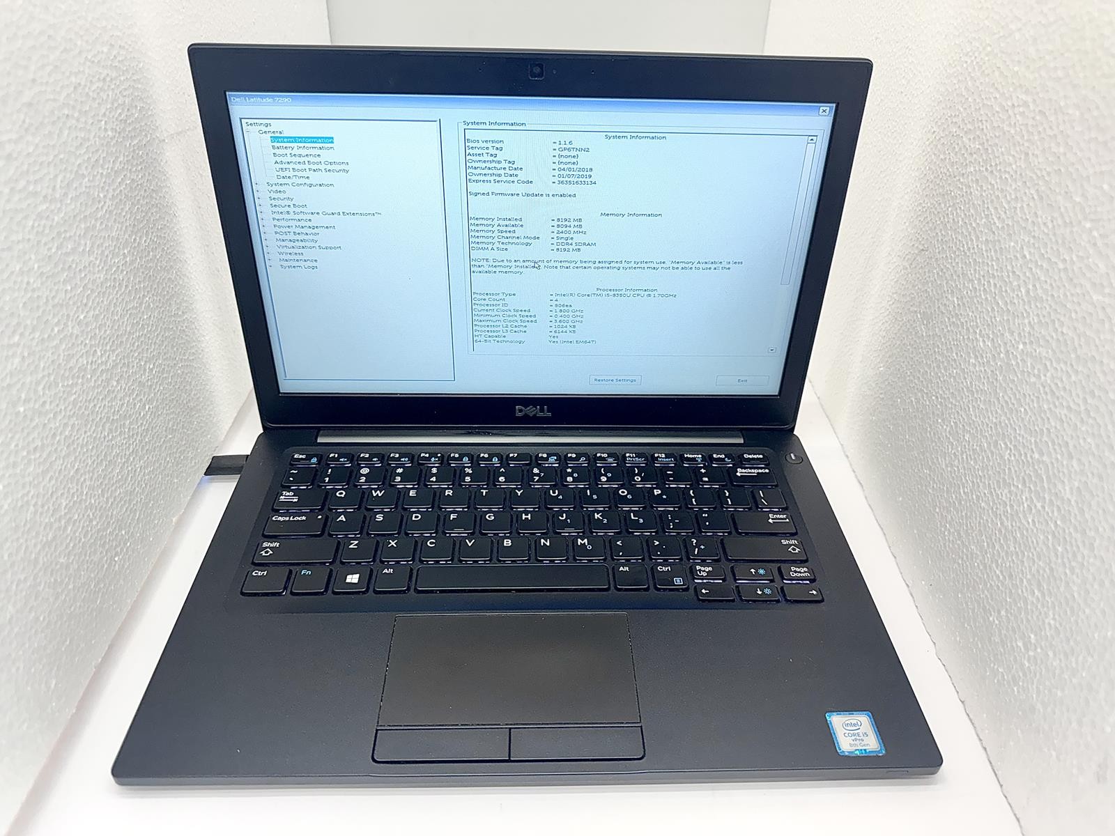 Dell Latitude 7290, Intel Core i5-8350U CPU @ 1.70GHz, 8GB RAM, 128GB SSD