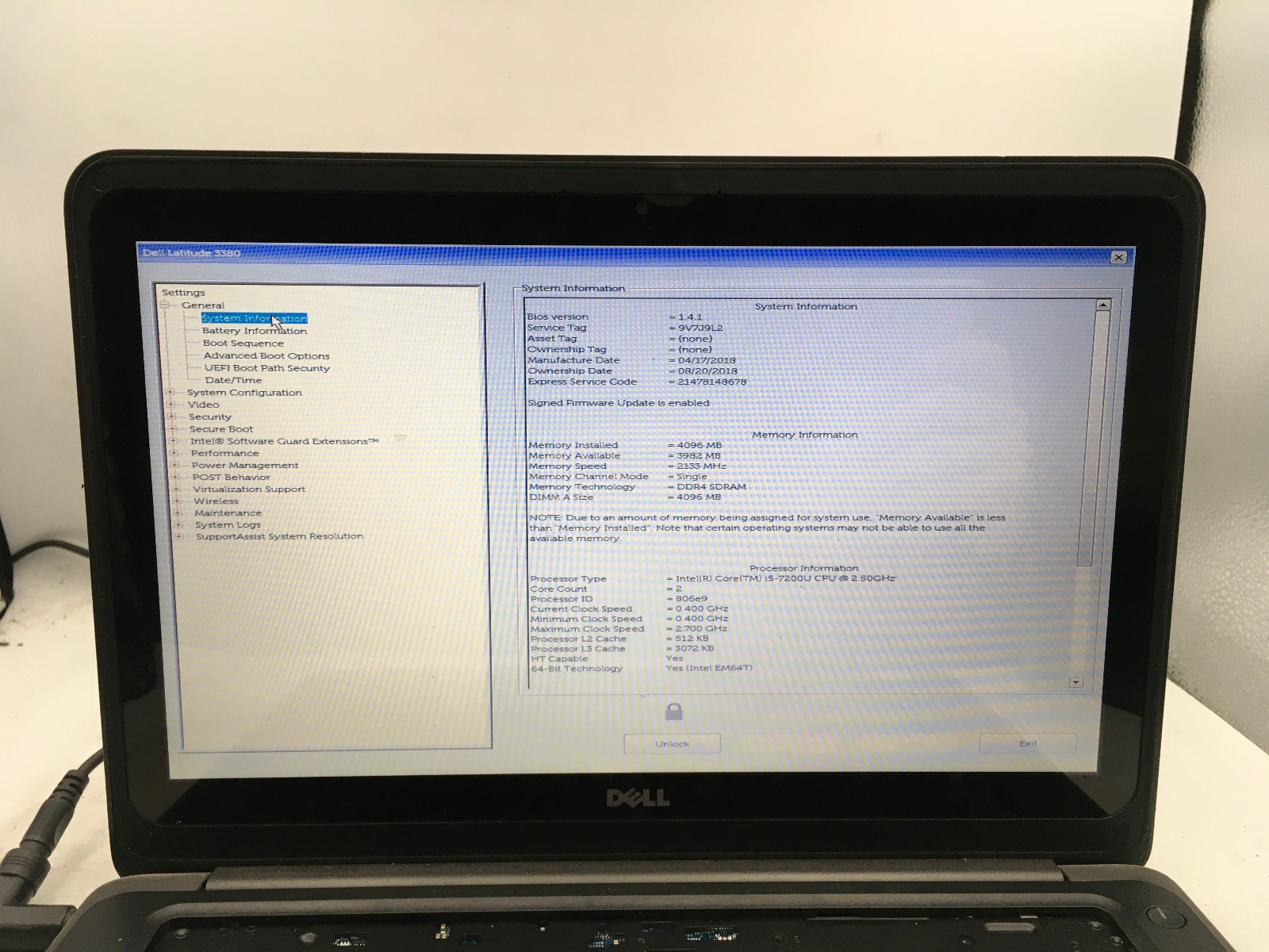 DELL LATITUDE 3380 – BOOTS TO BIOS/BIOS LOCK – NO RAM – INTEL I5 – READ – BB