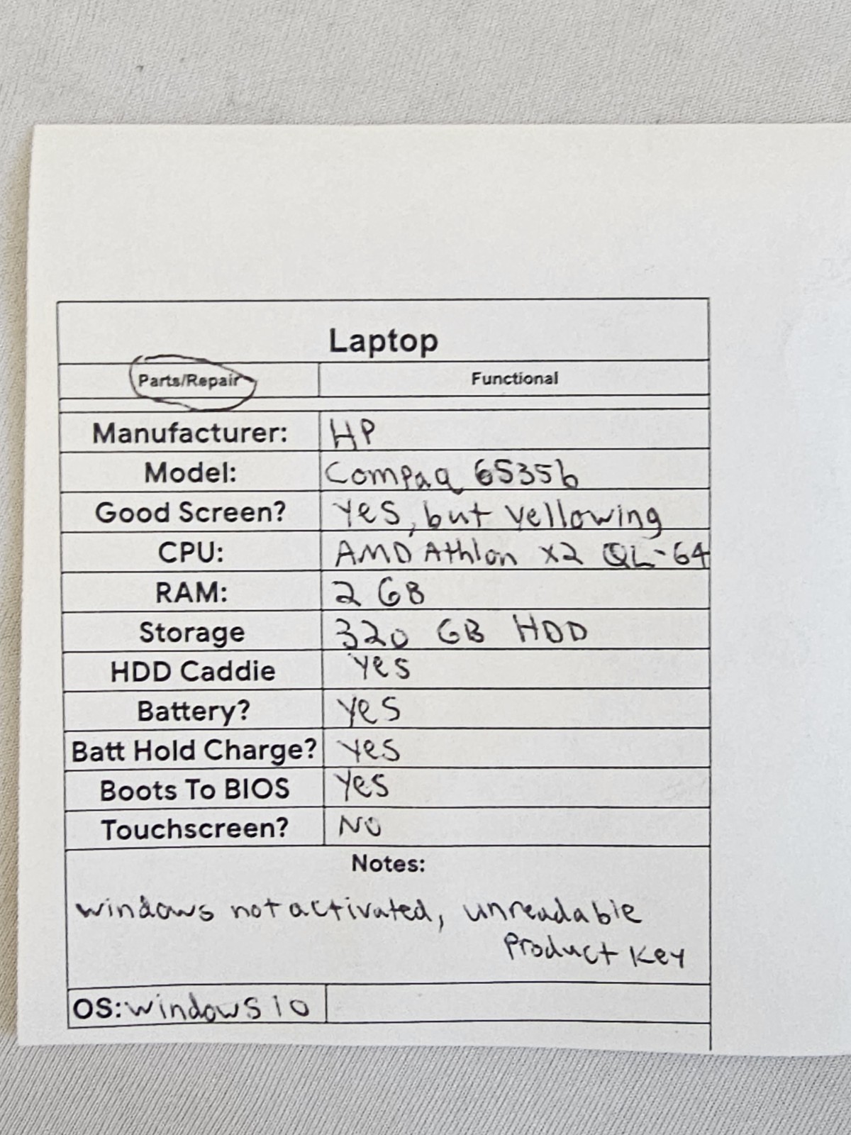 HP Compaq 6535b Laptop – AMD Athlon x2 QL-64 – 2GB RAM – 320GB HDD – Parts READ
