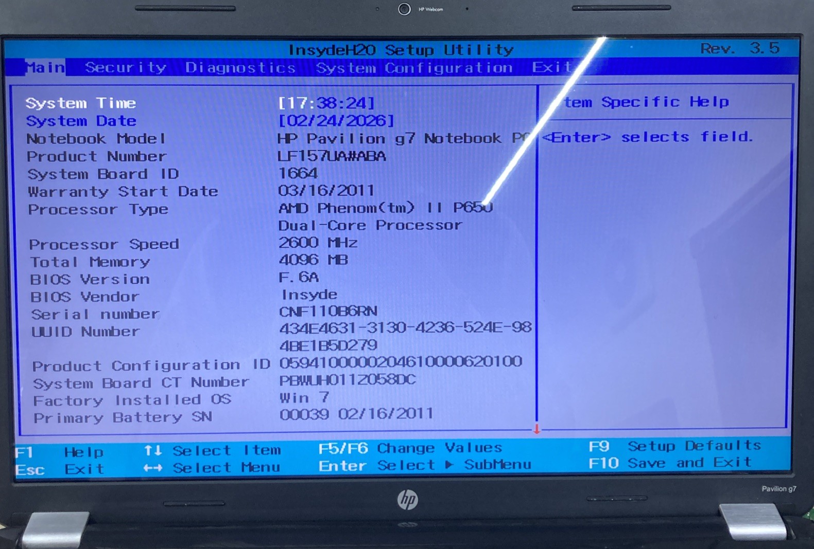 HP PAVILION G7 1075DX AMD PHENOM II P650 2.60GHz 4GB RAM No HDD Boot to BIOS
