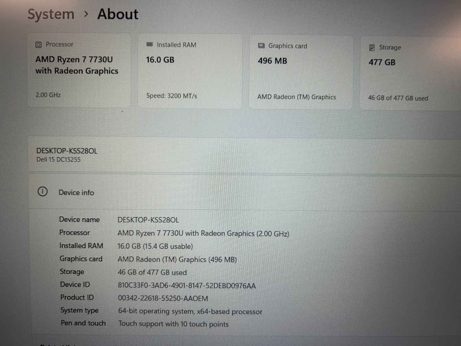 DELL 15 DC15255 G8MK9, AMD Ryzen 7 7730U, 2.00 GHz, 16 GB RAM, 512 GB NVMe