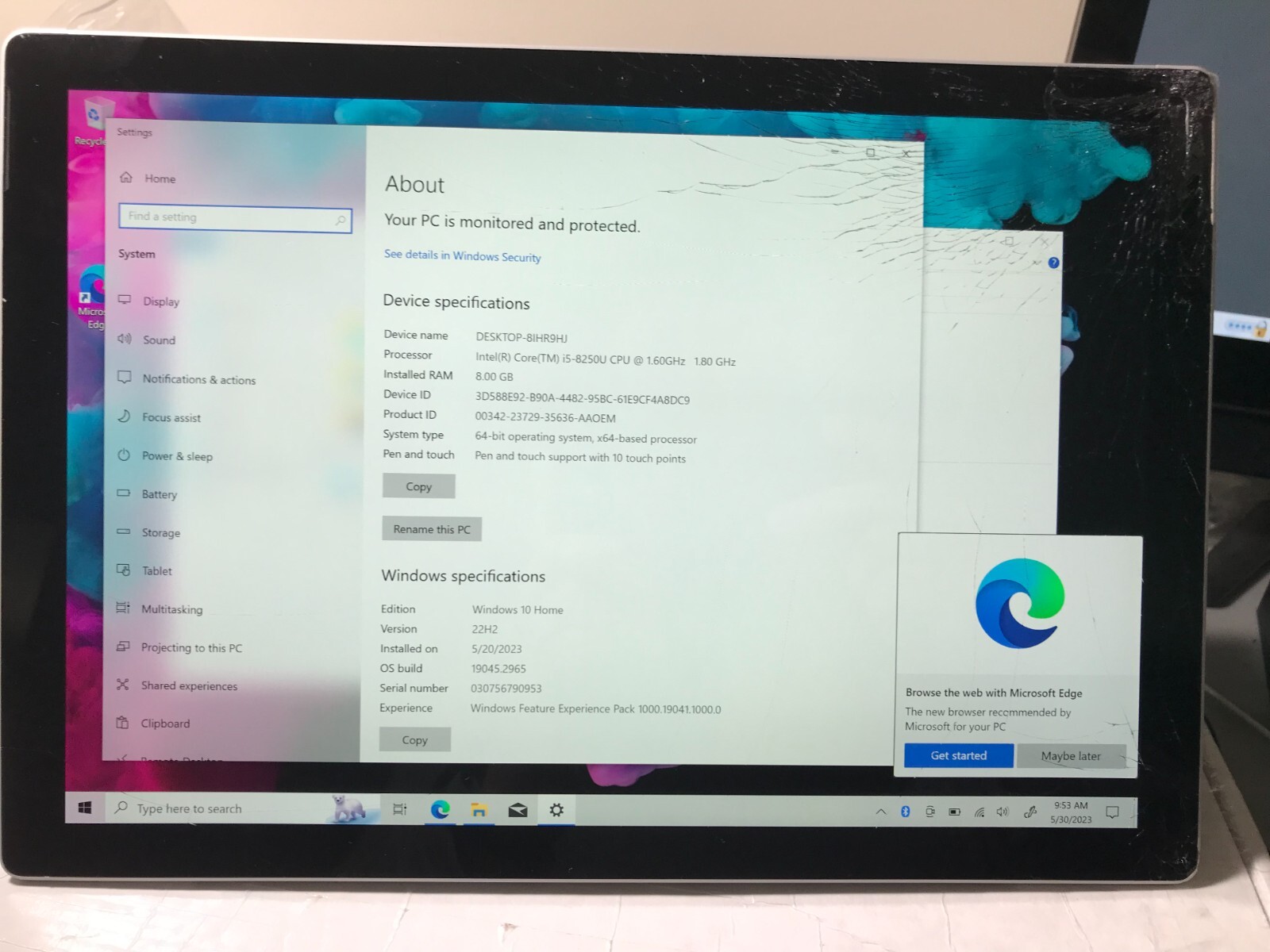 Surface Pro 6 Tablet i5-8250U 8GB 128GB SSD 12.3in Platinum Crack Screen #611