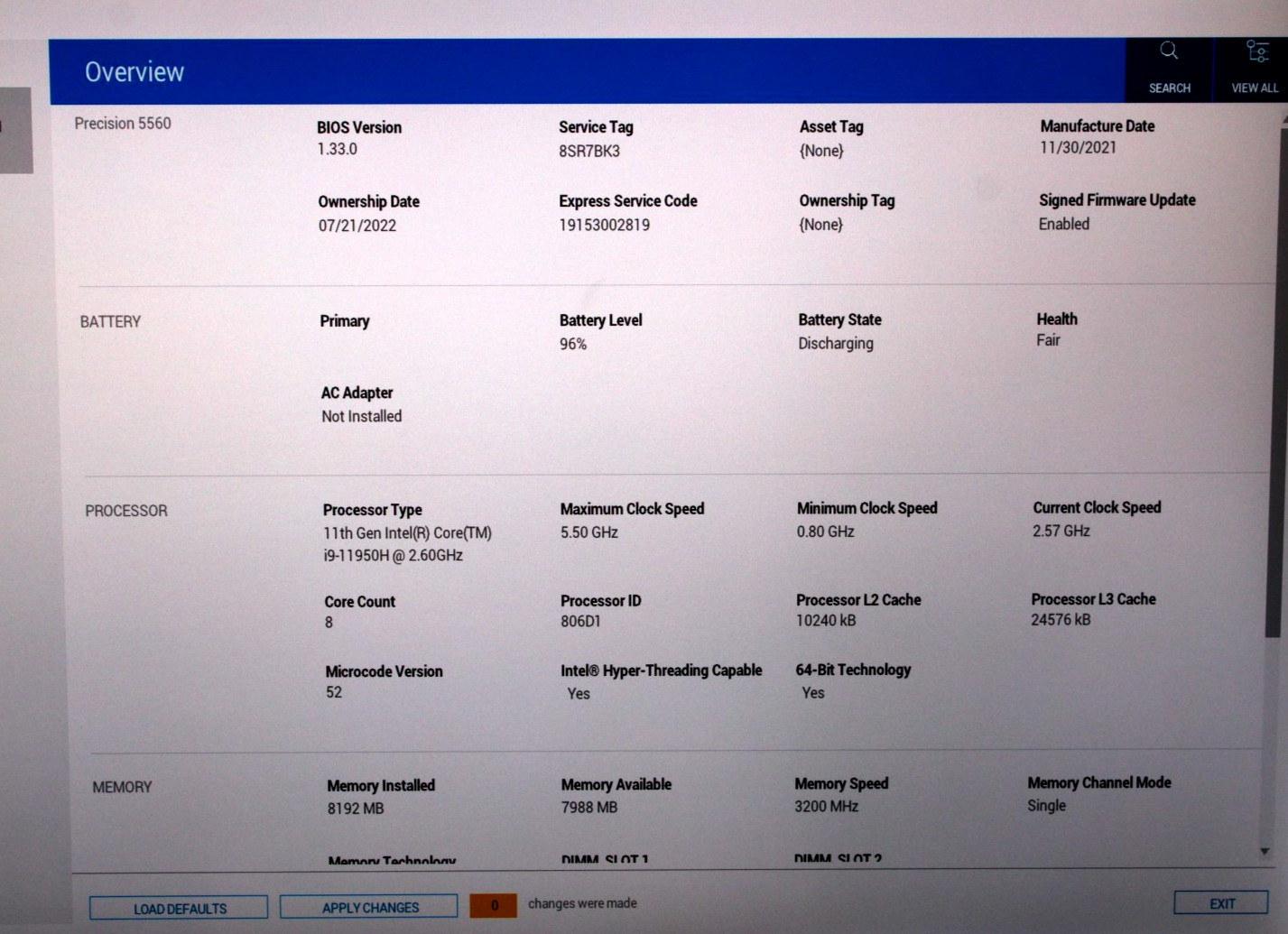 Dell Precision 5560 15.6″ Touch i9-11950H 8GB RAM 256GB SSD NIVIDIA RTX A2000