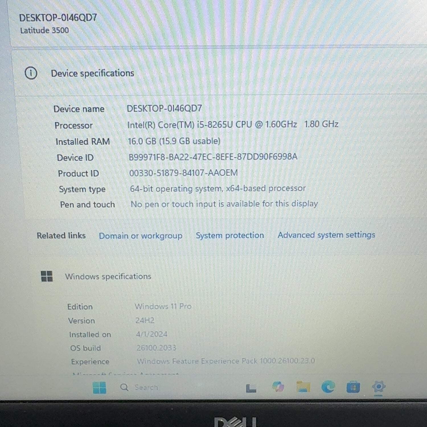 Broken Dell Latitude 3500 15.6″ i5-8265U 1.6GHz 16GB RAM 500GB HDD READ