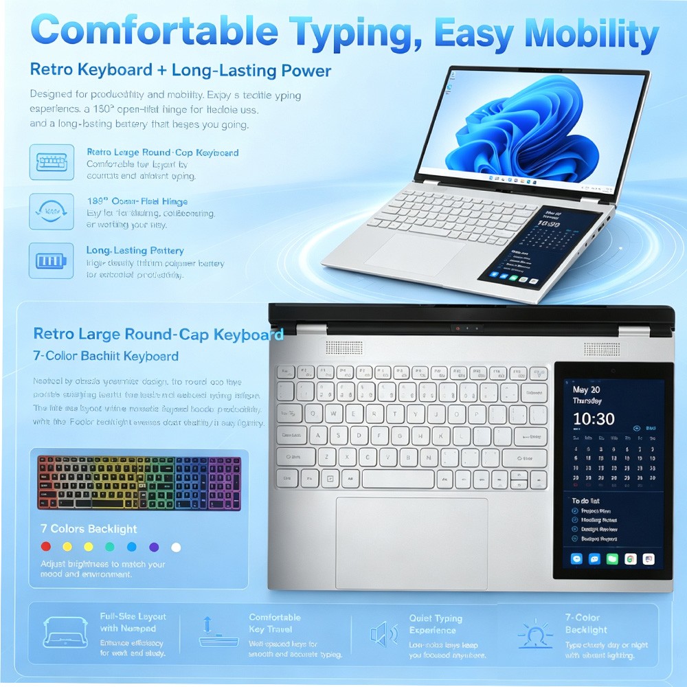 Dual Screen Laptop15.6+7″Touch Intel N150 16GB DDR4 RGB Keyboard Face ID Windows