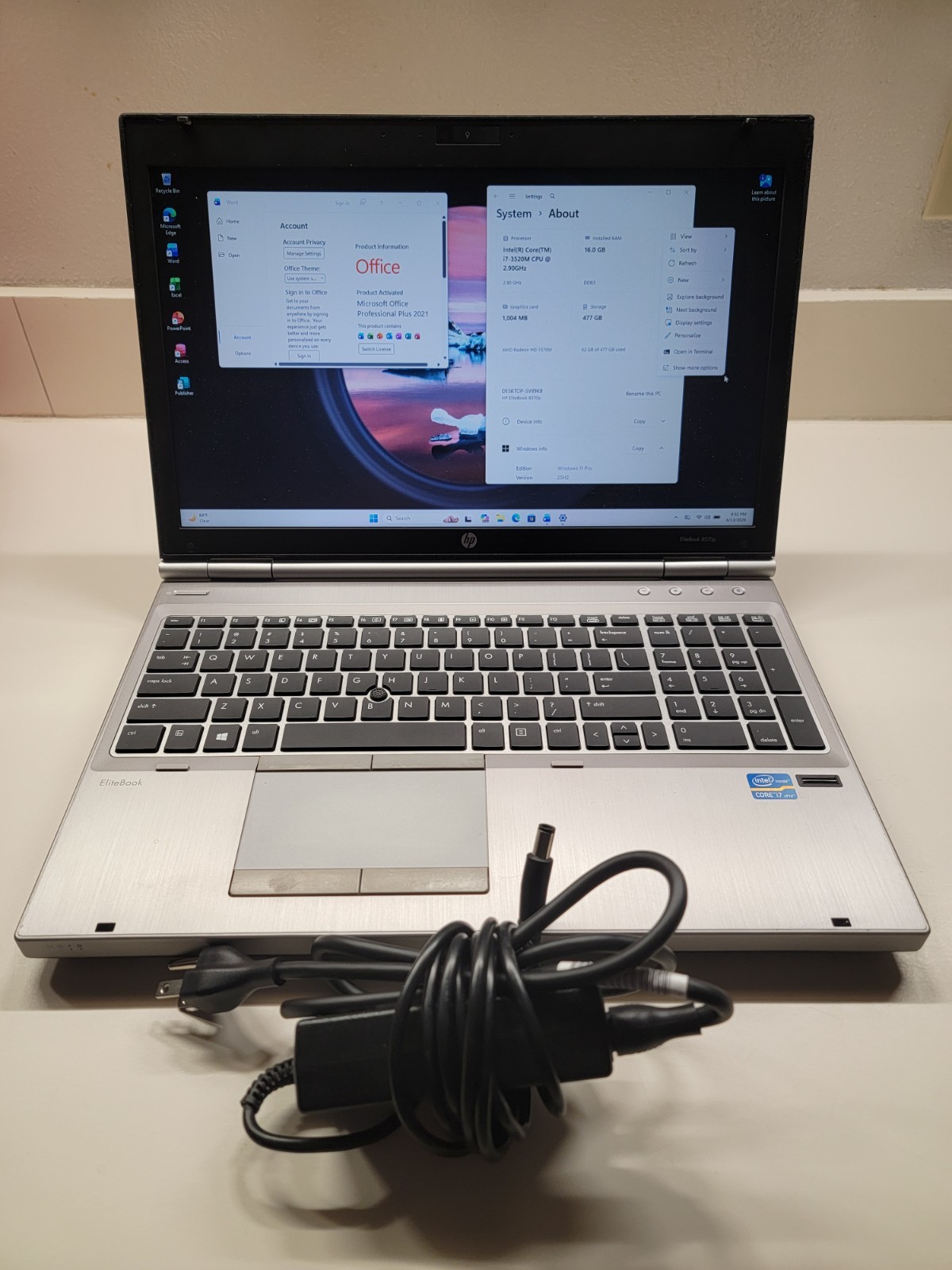 HP ELITEBOOK 8570p i7-3520M 500 SSD 16GB RAM ACTIVATED Win 11 PRO Office 2021
