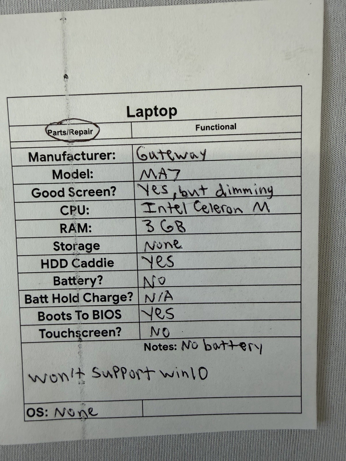 Gateway MA7 Laptop – Intel Celeron M – RAM 3GB – Read Des