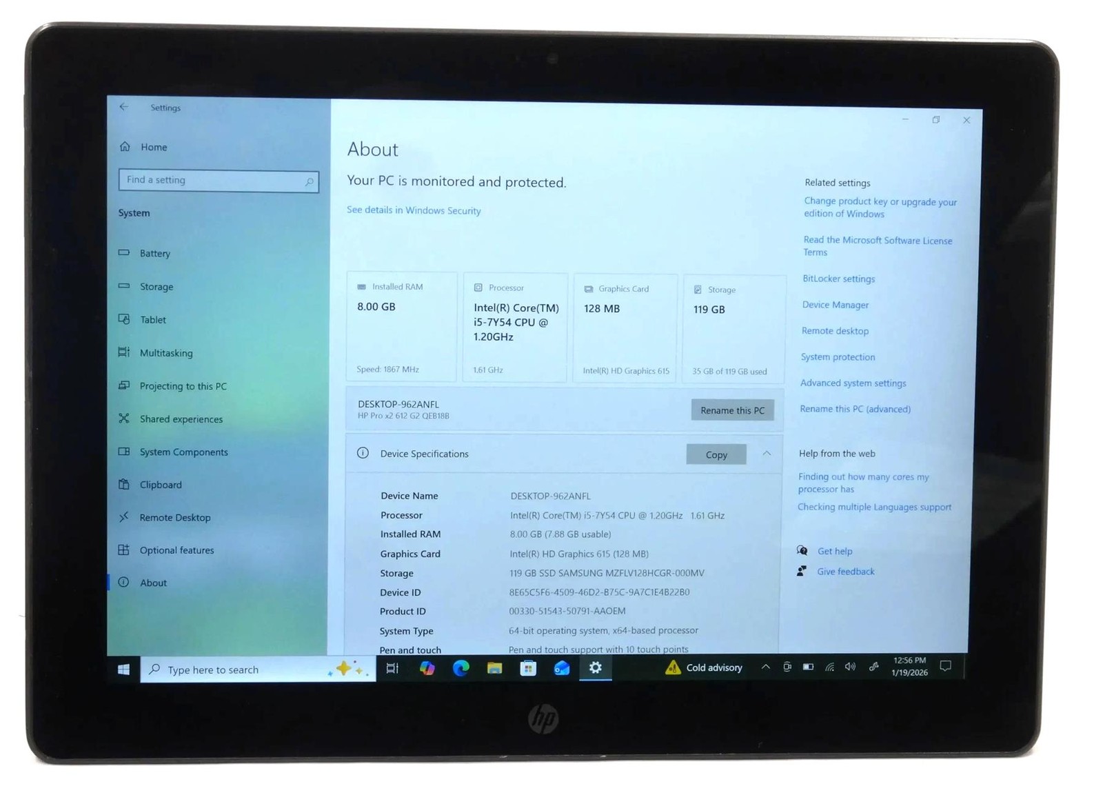 HP Pro X2 612 G2 Tablet Core i5-7Y54 1.20GHz 8GB 128GB SSD