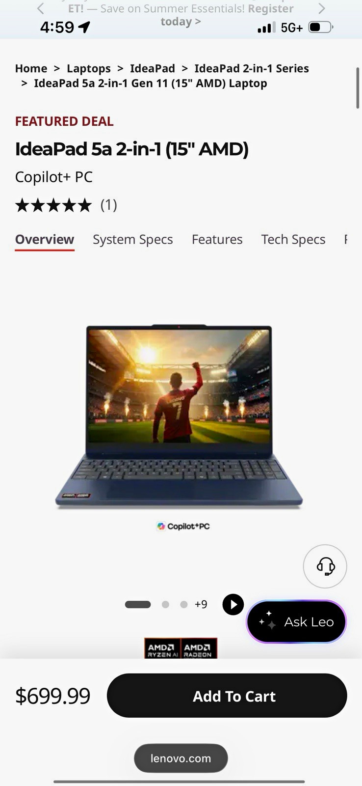 Lenovo IdeaPad 5a 2-in-1 15in AMD Ryzen AI Copilot+ PC Laptop Blue