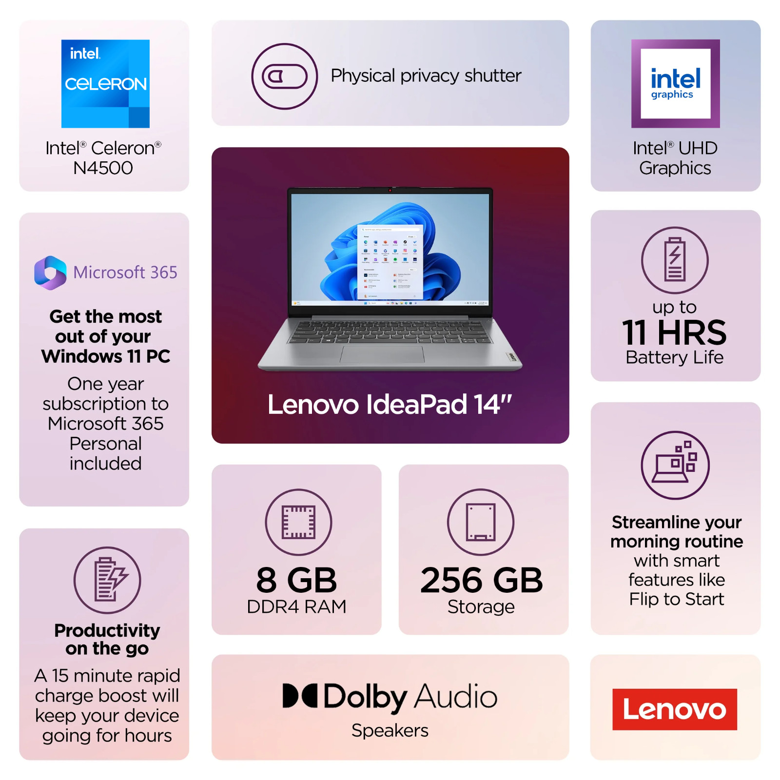 Lenovo IdeaPad 14″ Everyday Laptop Intel Dual-Core CPU, 8GB RAM & 256GB Storage