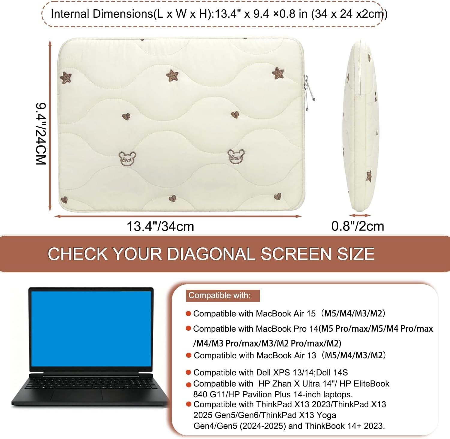 13 14 Inch Laptop Sleeve, Water-Repellent Cover for MacBook Air 13/Pro 14, Beige