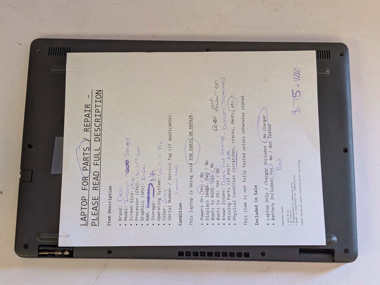 Dell Inspiron 15 3000 15.6”; NO SSD Intel i5-1135G7 2.4GHz NO RAM; bad battery*