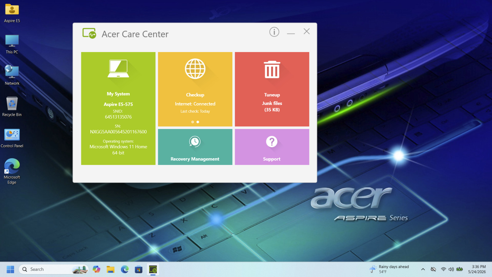 Acer Aspire E5-575; Intel Core i3-7100 @2.40GHz 15.6″ 1TB SSD 16GB RAM Laptop