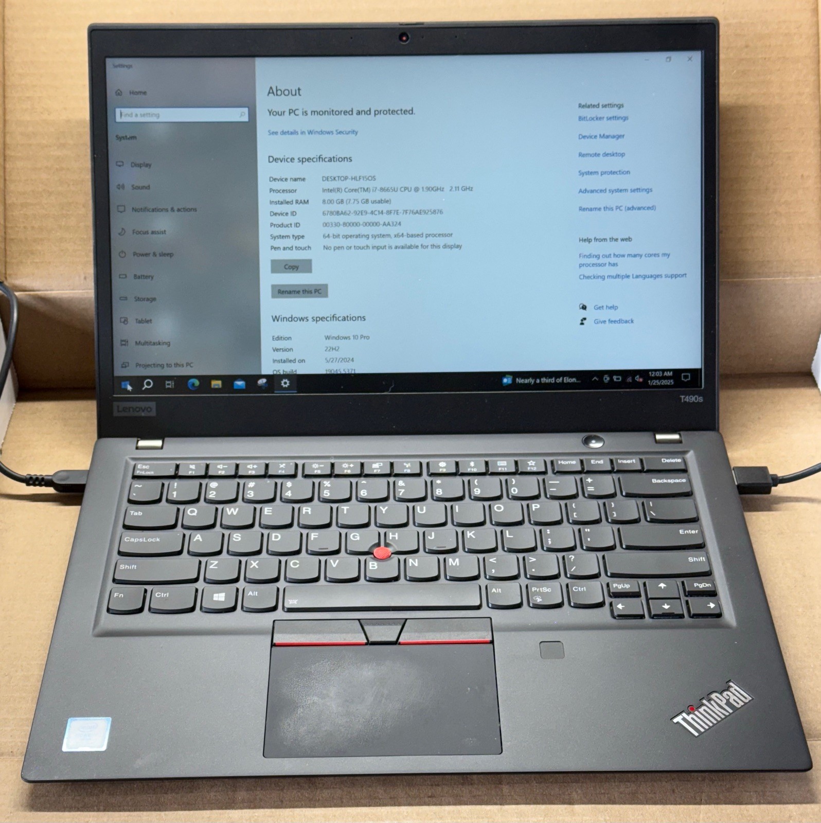 Lenovo Thinkpad T490s i7-8665U 1.9GHz, 8GB, 14″, No Drive, Dock, AC Adapter