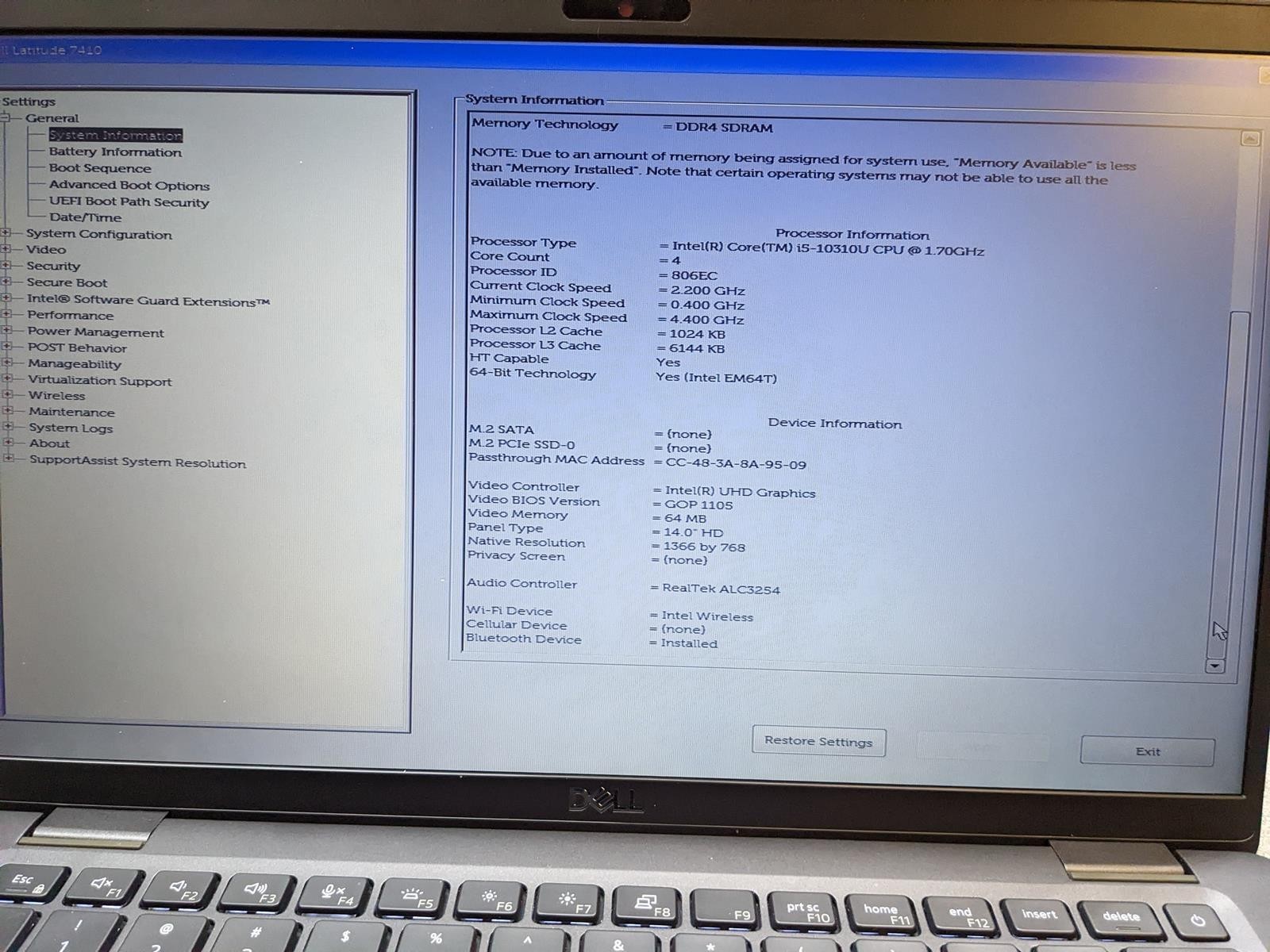 DELL LATITUDE 7410 i5-10310U @ 1.70 GHz, 16 GB RAM, NO HDD/OS