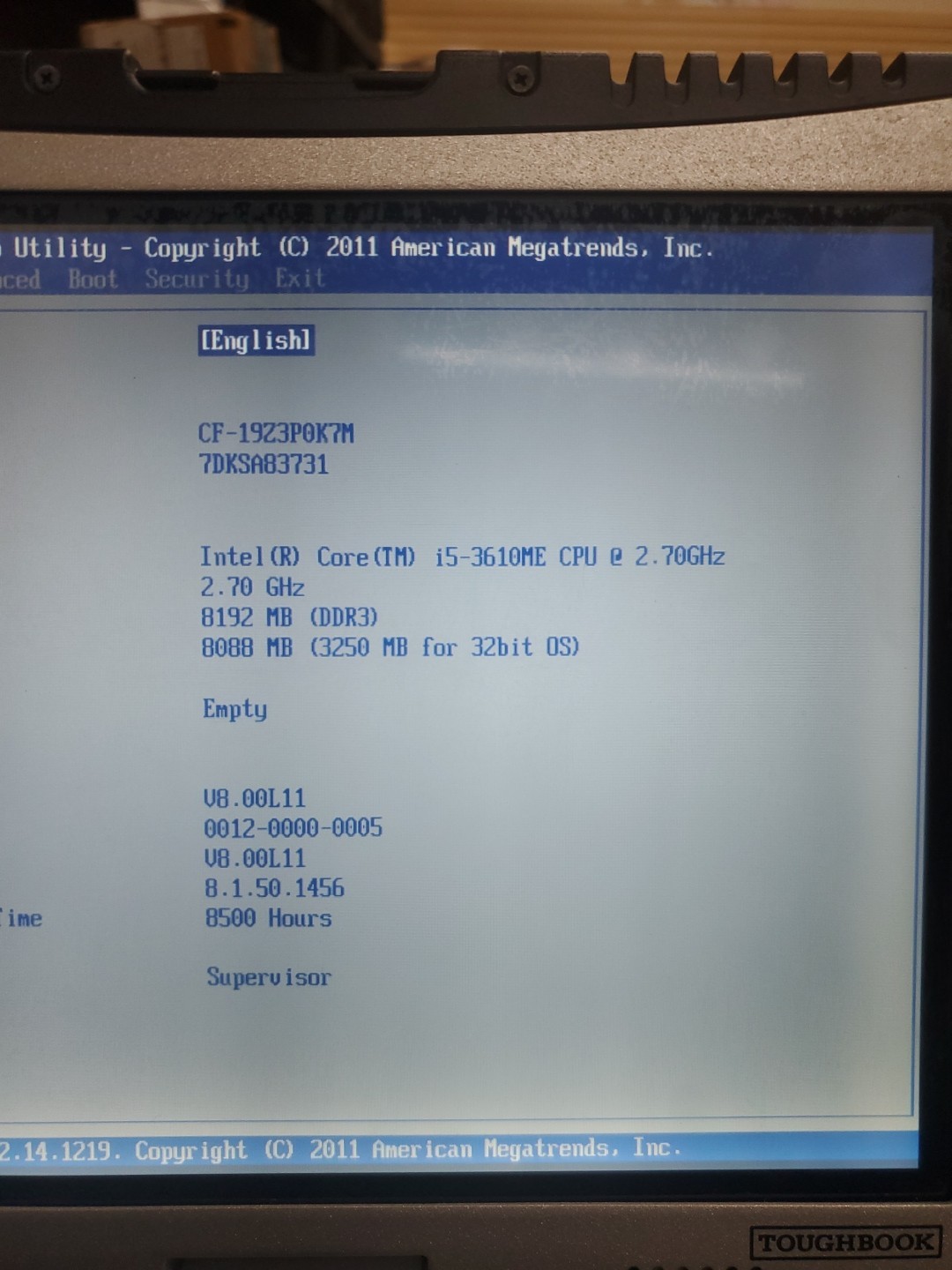 Panasonic Toughbook CF-19, i5-3610ME @ 2.7GHz, 8GB RAM, NO HD/caddy 8500 Hours