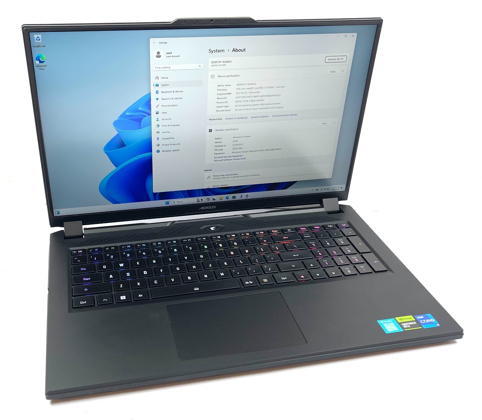 Aorus AORUS 17H 17.3 Laptop Intel i7 13th Gen 2.4Hz 16Gb 1Tb RTX4080 12Gb