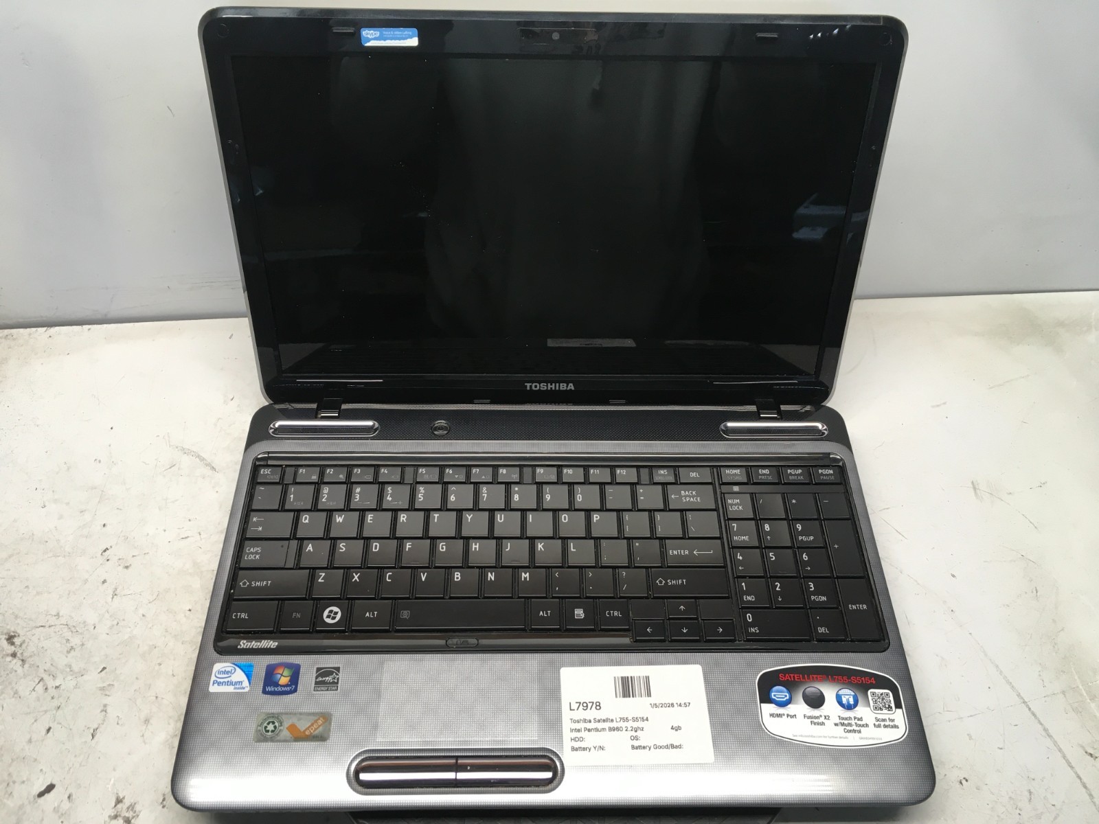 Toshiba Satelite L755-S5154 Intel Pentium B960 2.2GHz 4GB NO HDD