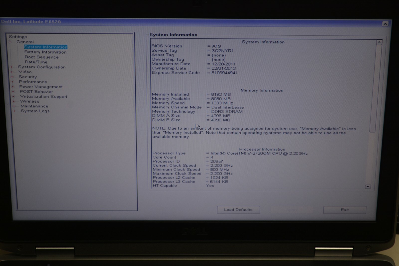 Dell Latitude E6520 Intel Core i7-2720QM @ 2.20GHZ 8GB Ram No HD #W108
