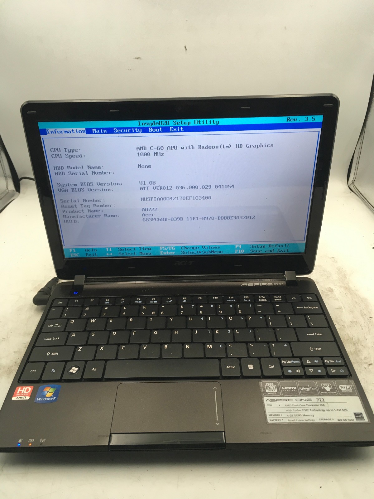 ACER ASPIRE ONE 722 – LOT OF 3 – BOOTS TO BIOS – AMD C60 – NO RAM -READ DESC- BB