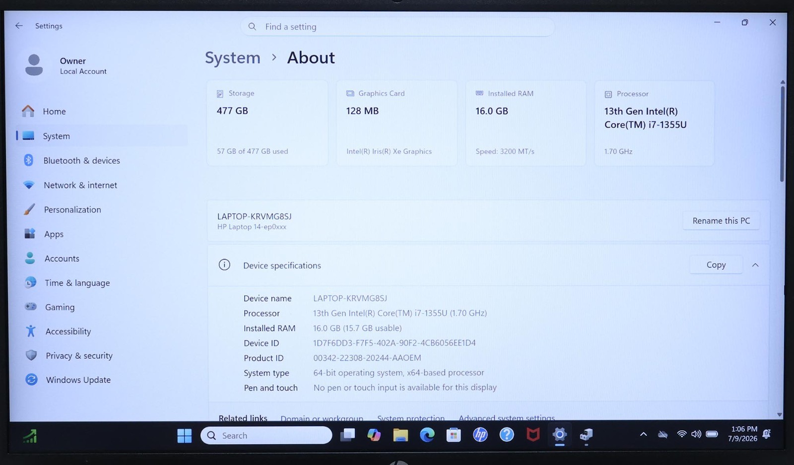 HP Laptop 14-ep0199nr Core i7-1355U 1.7GHz 16GB 512GB 14″ W11H