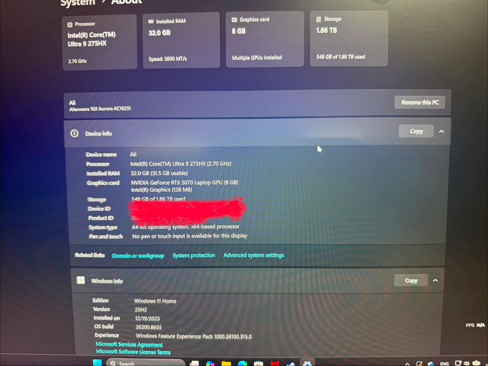 Alienware 16X Aurora 16” Gaming Laptop RTX 5070 Core Ultra 9 275HX 32GB 2TB