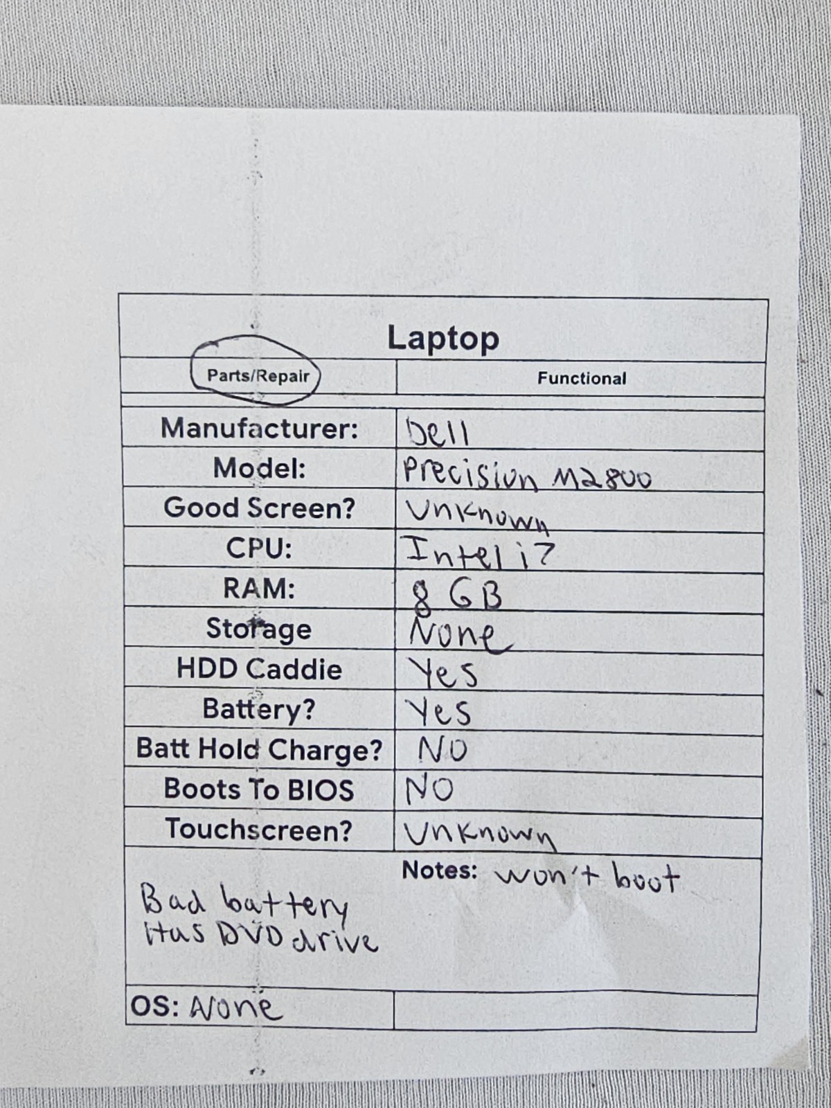 Dell Precision M2800 Laptop – Intel i7 – WON’T BOOT – BAD BATT – Parts – READ