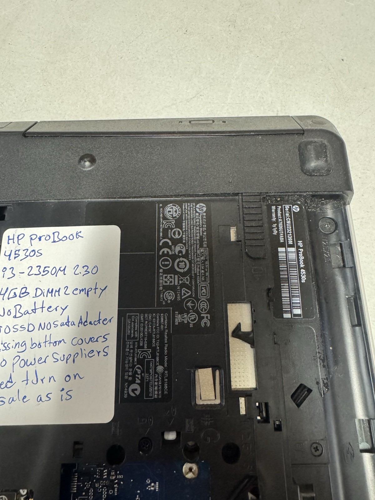 HP ProBook 4530s i3-2350M 4GB NO SSD No Battery AS-IS For Parts