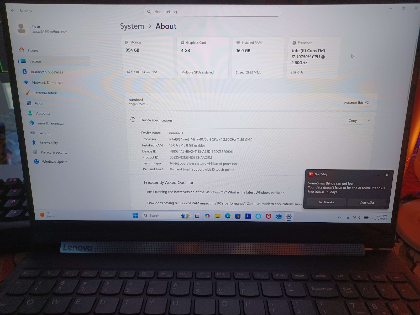 Lenovo Yoga 9-15IMH5 i7-10750H, 12GB RAM, GTX 1650 TI 4GB Touchscreen READ #0145